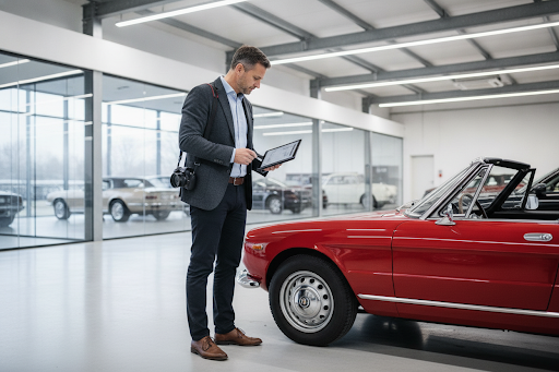 Kfz-Gutachter bei einer mobilen Fahrzeugbegutachtung